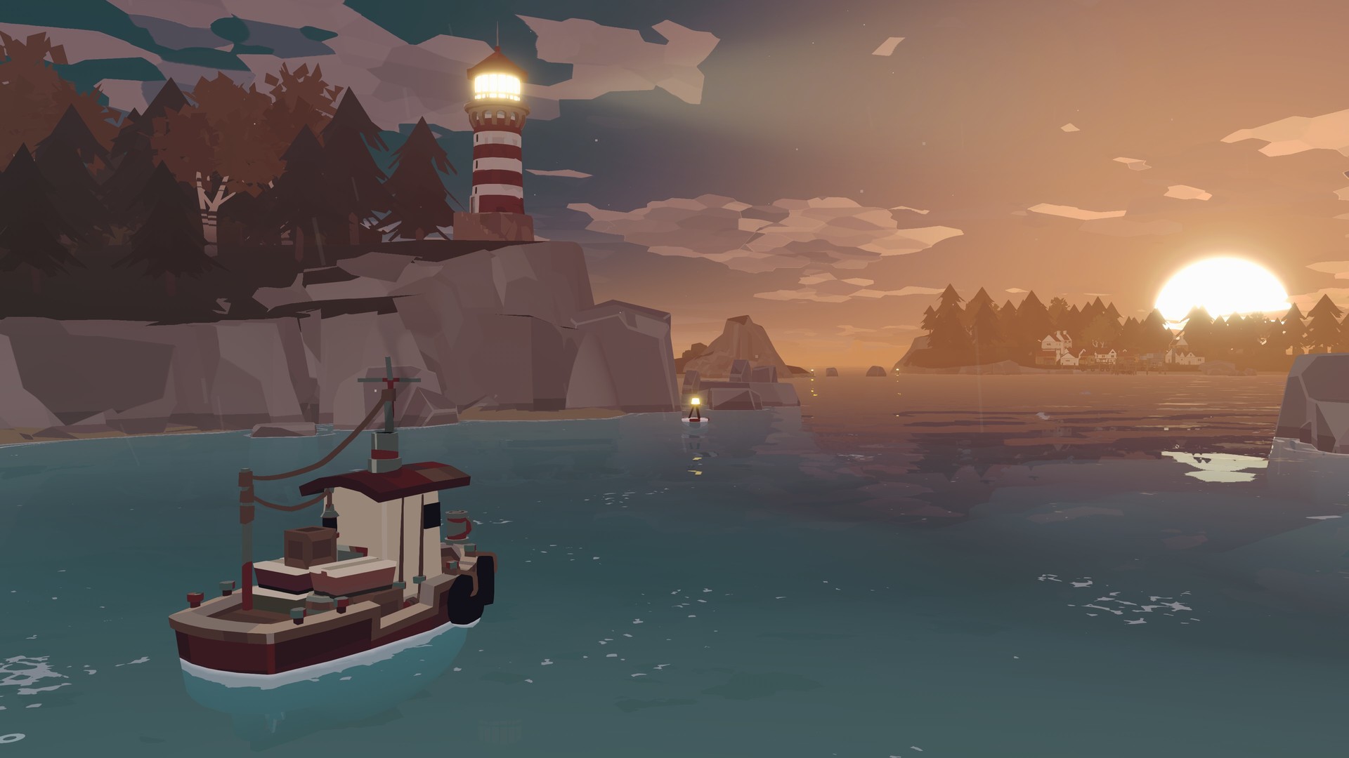 A fishing boat sails near a lighthouse at sunset in DREDGE.